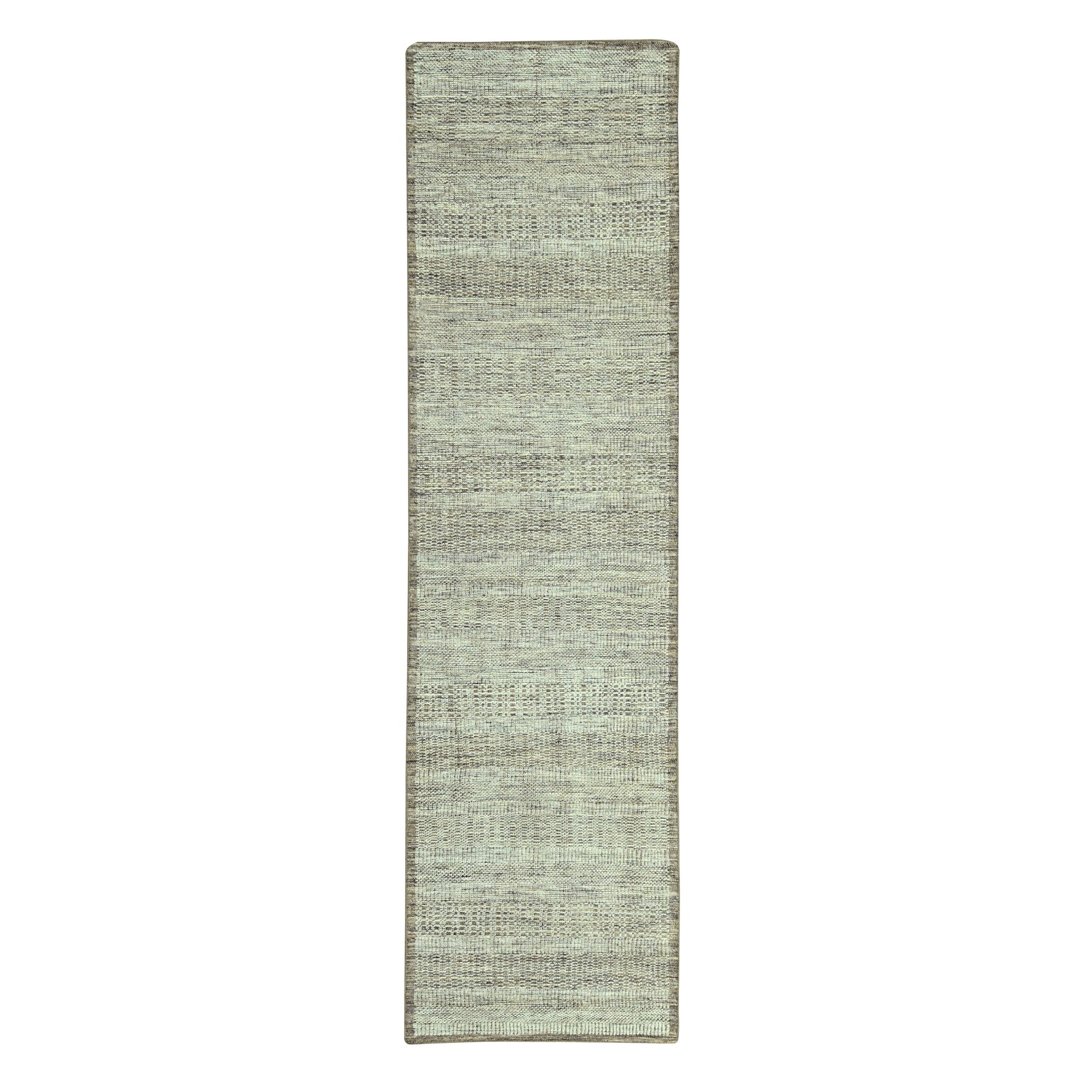 Beaver Brown with Ivory, Hand Knotted, Oxidized and Distressed Grass Design with Exposed Warps, 100% Wool, Narrow Runner, Oriental Rug